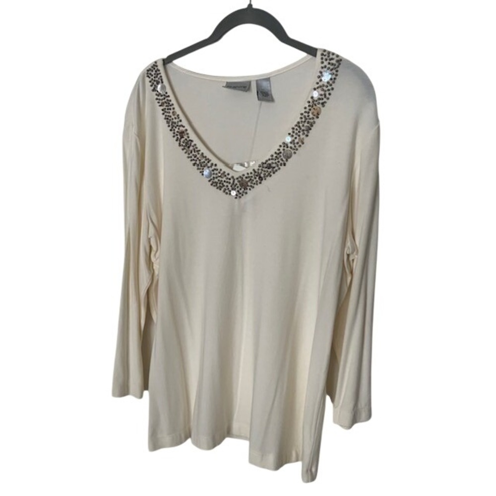 Chico's NWT Size 3 Seashell Gardenia Tee 3/4 Sleeve Coastal Beachy Top Resort